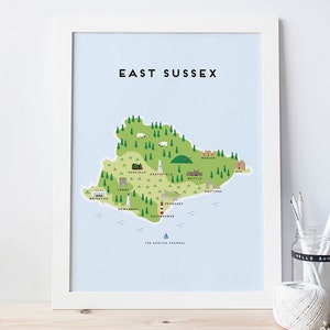 East Sussex Map - Illustrated Map of East Sussex Print / Travel Gifts / Gifts for Travellers / United Kingdom / Great Britain