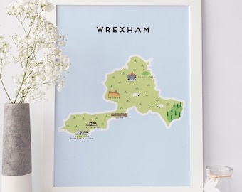 Mapa de Wrexham - Mapa ilustrado de Wrexham Print / Regalos de viaje / Regalos para viajeros / Reino Unido / Gales / Galés