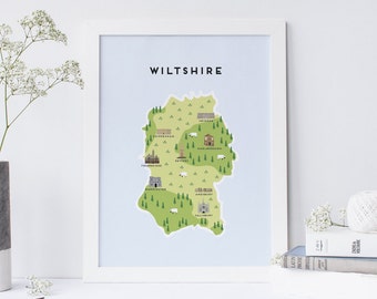 Wiltshire Map - Illustrated map of Wiltshire Print / Travel Gifts / Gifts for Travellers / United Kingdom / Great Britain