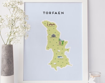 Mapa de Torfaen - Mapa ilustrado de Torfaen Print / Regalos de viaje / Regalos para viajeros / Reino Unido / Gales / Galés