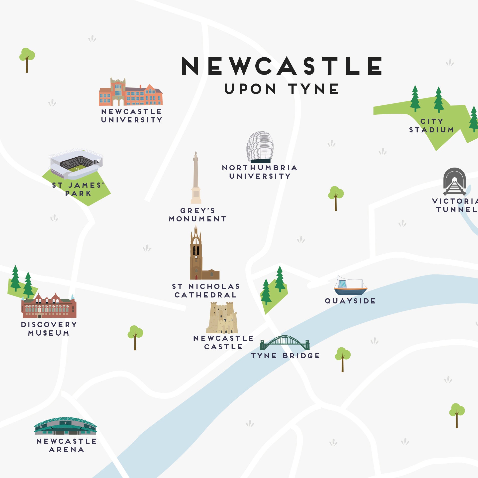 Newcastle Upon Tyne Map Illustrated Map of Newcastle Upon Etsy UK