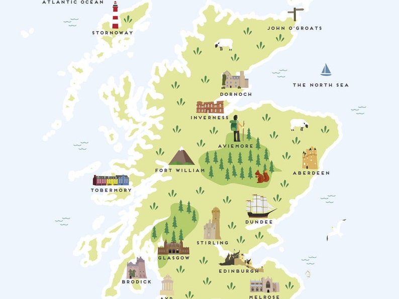 Map of Scotland Illustrated map of Scotland Print / Travel | Etsy
