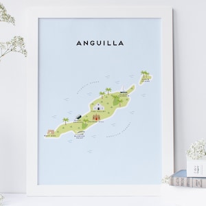 Kaart van Anguilla - Geïllustreerde kaart van Anguilla Print / Reiscadeaus / Cadeaus voor reizigers / Caraïben