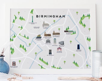 Birmingham Map - Illustrated map of Birmingham Print / Travel Gifts / Gifts for Travellers / United Kingdom / Great Britain