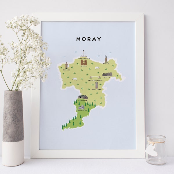 Moray Map - Illustrated map of Moray Print / Travel Gifts / Gifts for Travellers / United Kingdom / Scotland