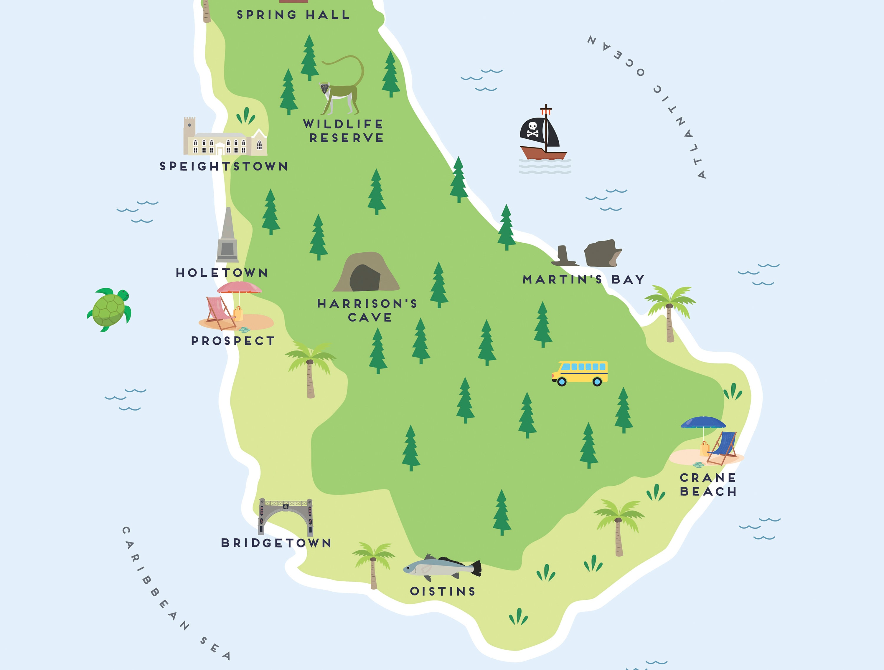 Barbados Map Of Hotels; Barbados Map Illustrated Map of Barbados Print / Travel - Etsy UK