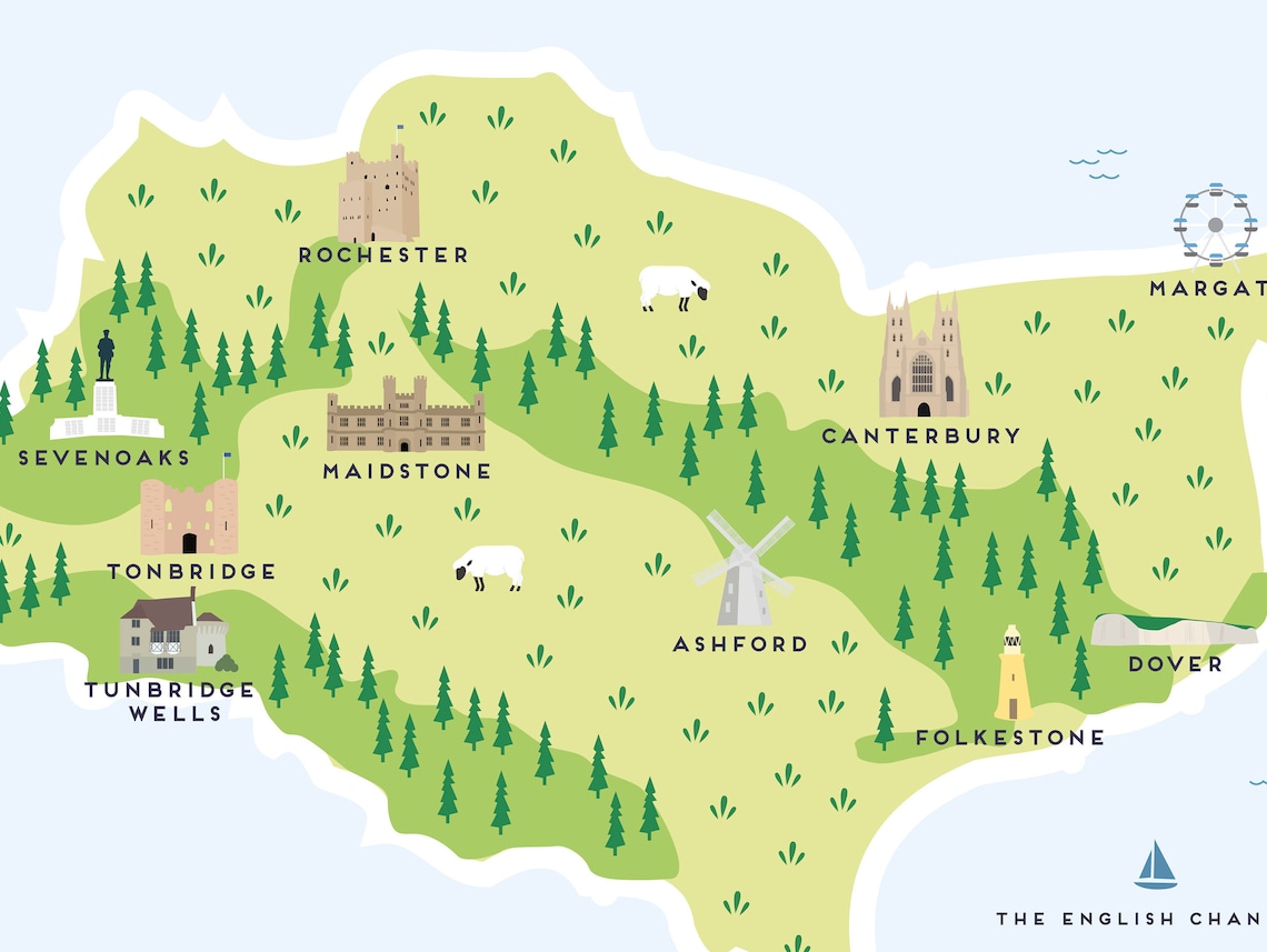Kent Map Illustrated Map of Kent Print / Travel Gifts / - Etsy