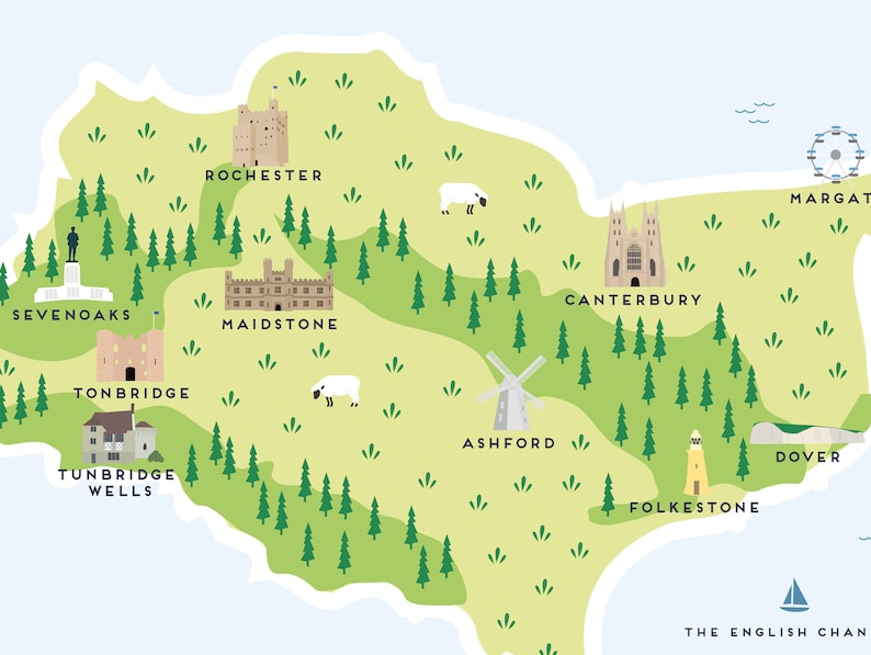 Kent Map Illustrated Map of Kent Print / Travel Gifts / - Etsy