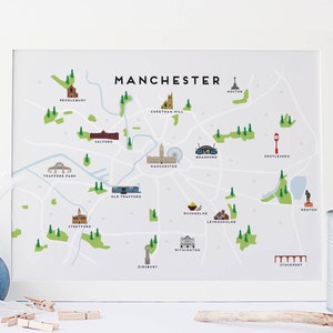 Manchester Karte - Illustrierte Karte von Manchester Print / Reisegeschenke / Geschenke für Reisende / Großbritannien