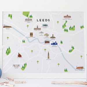 Mapa de Leeds - Mapa ilustrado de Leeds Imprimir / Regalos de viaje / Regalos para viajeros / Reino Unido / Gran Bretaña