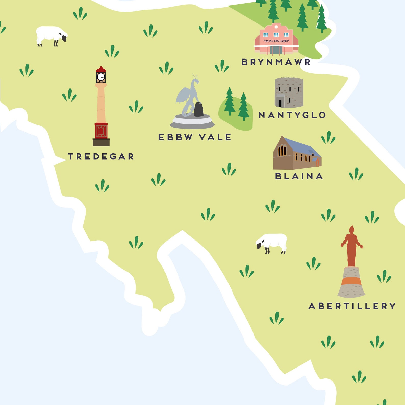 Blaenau Gwent Illustrated Map of Blaenau Gwent Print / Etsy