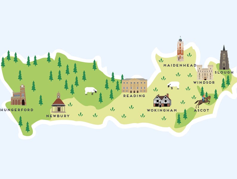 Berkshire Map Illustrated Map of Berkshire Print / Travel Etsy UK