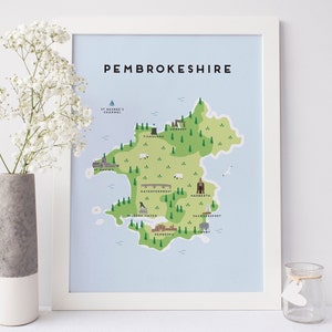Carte du Pembrokeshire - impression de carte illustrée du Pembrokeshire / Cadeaux de voyage / Cadeaux pour les voyageurs / Royaume-Uni / Grande-Bretagne