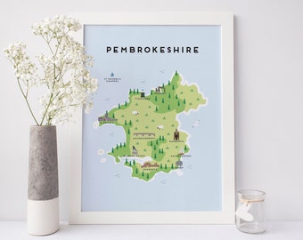 Pembrokeshire Map - Illustrated Map of Pembrokeshire Print / Travel Gifts / Gifts for Travellers / United Kingdom / Great Britain