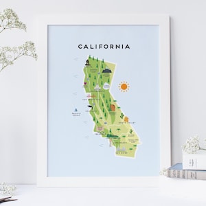 カリフォルニア地図 - カリフォルニアのイラスト入り地図プリント / 旅行ギフト / 旅行者向けギフト / アメリカ合衆国 / アメリカ合衆国