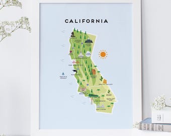Carte de la Californie - impression de carte illustrée de la Californie / Cadeaux de voyage / Cadeaux pour les voyageurs / Etats-Unis / Etats-Unis