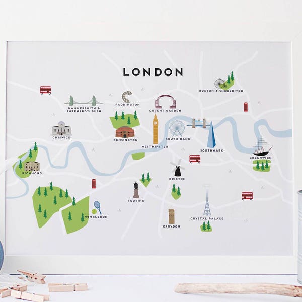 London Map - Illustrated Map of London Print / Travel Gifts / Gifts for Travellers / United Kingdom / Great Britain