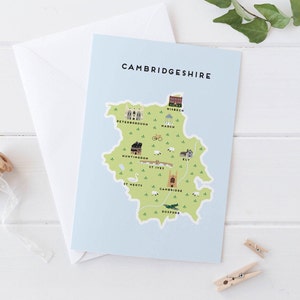 Carte de voeux Cambridgeshire Map / Cadeaux de voyage / Cadeaux pour voyageurs / Royaume-Uni / Grande-Bretagne