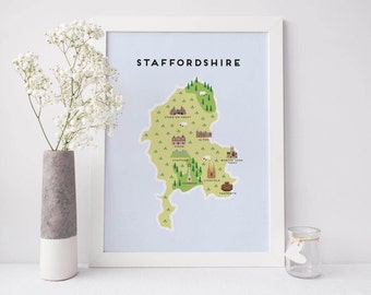 Staffordshire Map - Illustrated Map of Staffordshire Print / Travel Gifts / Gifts for Travellers / United Kingdom / Great Britain