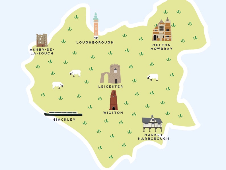Leicestershire Map Illustrated Map of Leicestershire Print / - Etsy