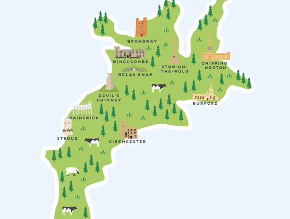 Map Of The Cotswolds The Cotswolds Map Illustrated Map Of The Cotswolds Print / | Etsy