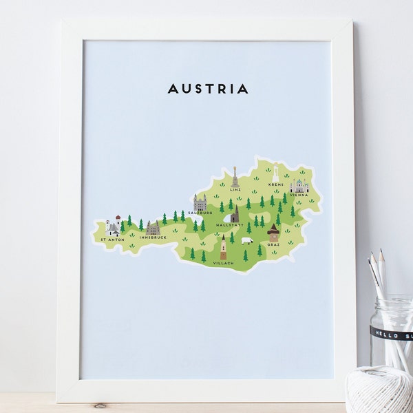 Mappa dell'Austria - Mappa illustrata dell'Austria Stampa / Regali di viaggio / Regali per viaggiatori / Europa