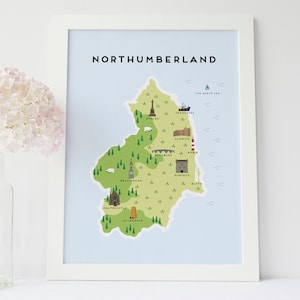 Landkarte Northumberland - Illustrierte Karte von Northumberland / Reisegeschenke / Geschenke für Reisende / Vereinigtes Königreich / Großbritannien