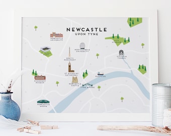 Newcastle Upon Tyne Map - Illustrated Map of Newcastle Upon Tyne Print / Travel Gifts / Gifts for Travellers / UK / Great Britain