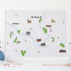 Wigan Map - Mappa illustrata della stampa Wigan / Regali di viaggio / Regali per viaggiatori / Regno Unito / Gran Bretagna