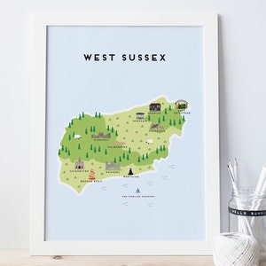 West Sussex Map - Illustrierte Karte von West Sussex Print / Reisegeschenke / Geschenke für Reisende / Vereinigtes Königreich / Großbritannien