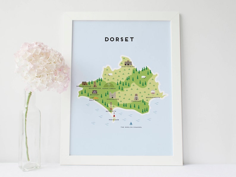 Mapa Dorset Mapa ilustrado de impresión Dorset / regalos de viaje / regalos para viajeros / Reino Unido / Gran Bretaña imagen 1