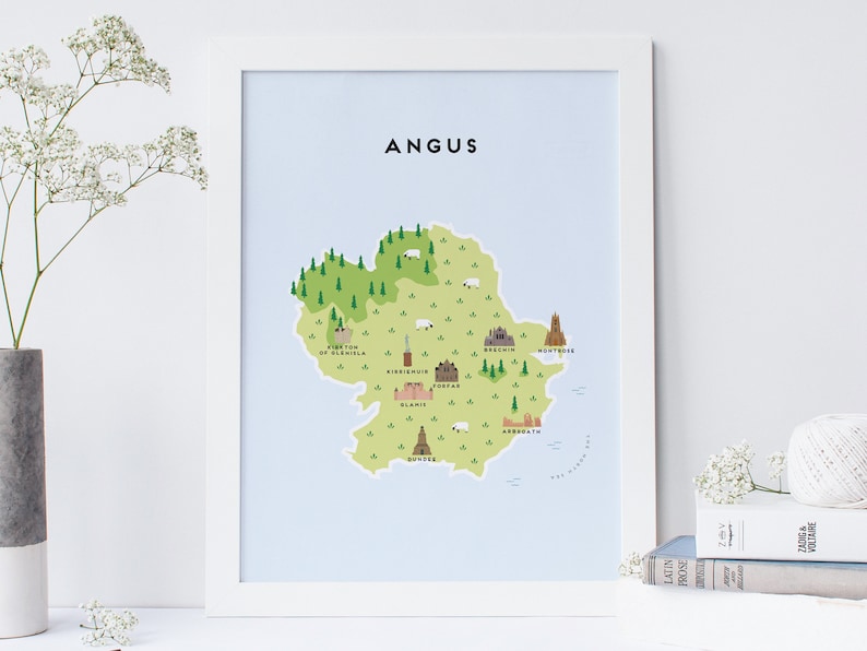Illustrated Map of Angus Print Travel Gifts Gifts for Travellers United Kingdom Great Britain Scotland Angus Map