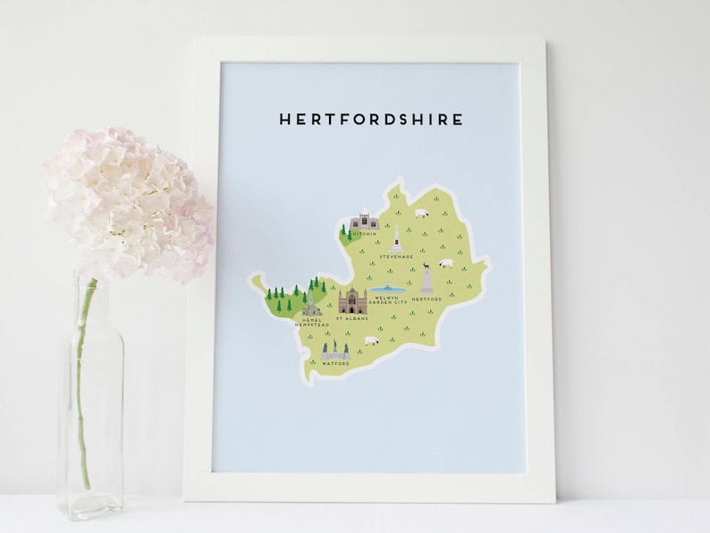Hertfordshire Map Illustrated Map of Hertfordshire Print Travel Gifts Gifts for Travellers United Kingdom Great Britain