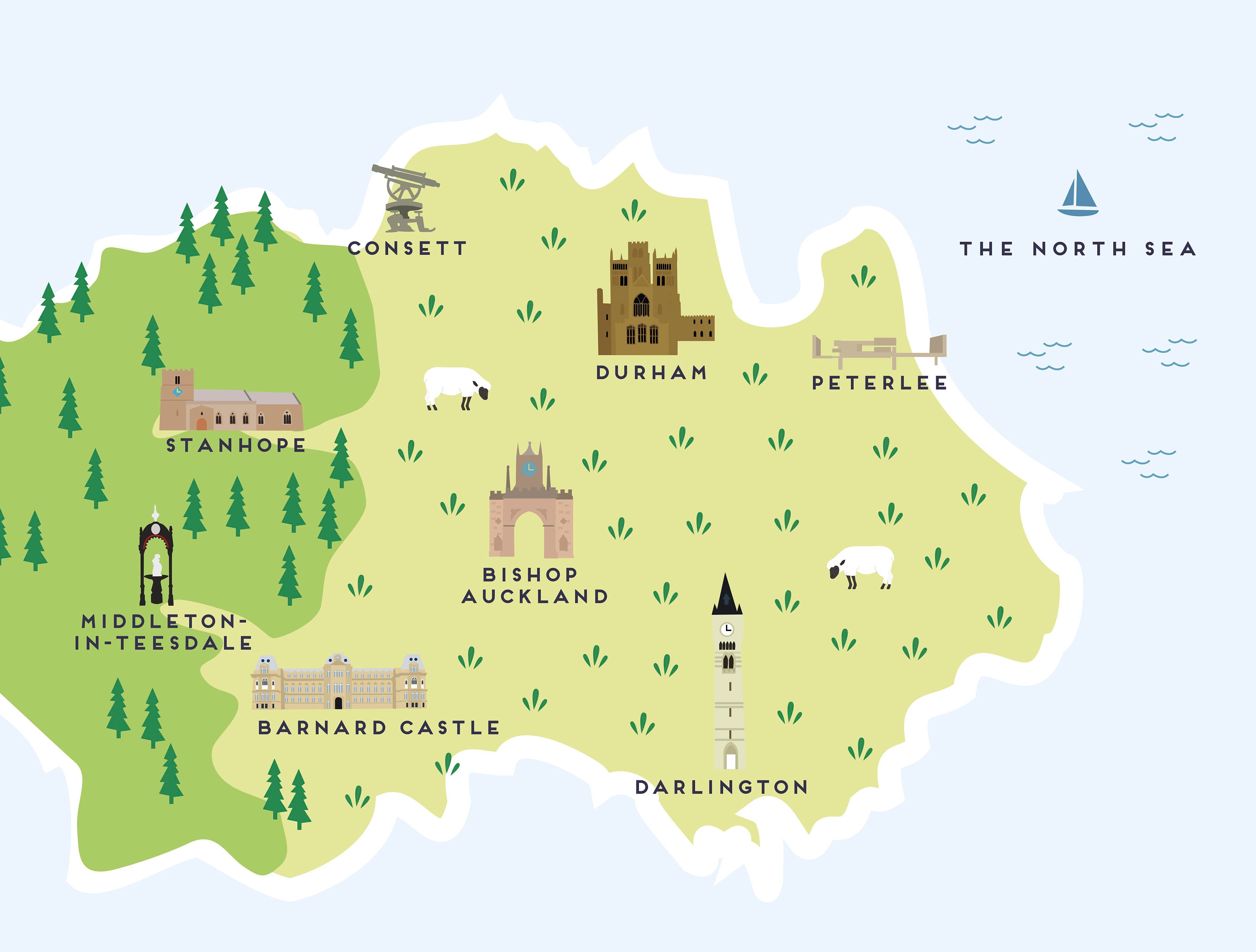 County Durham Map Illustrated Map of County Durham Print / Etsy UK