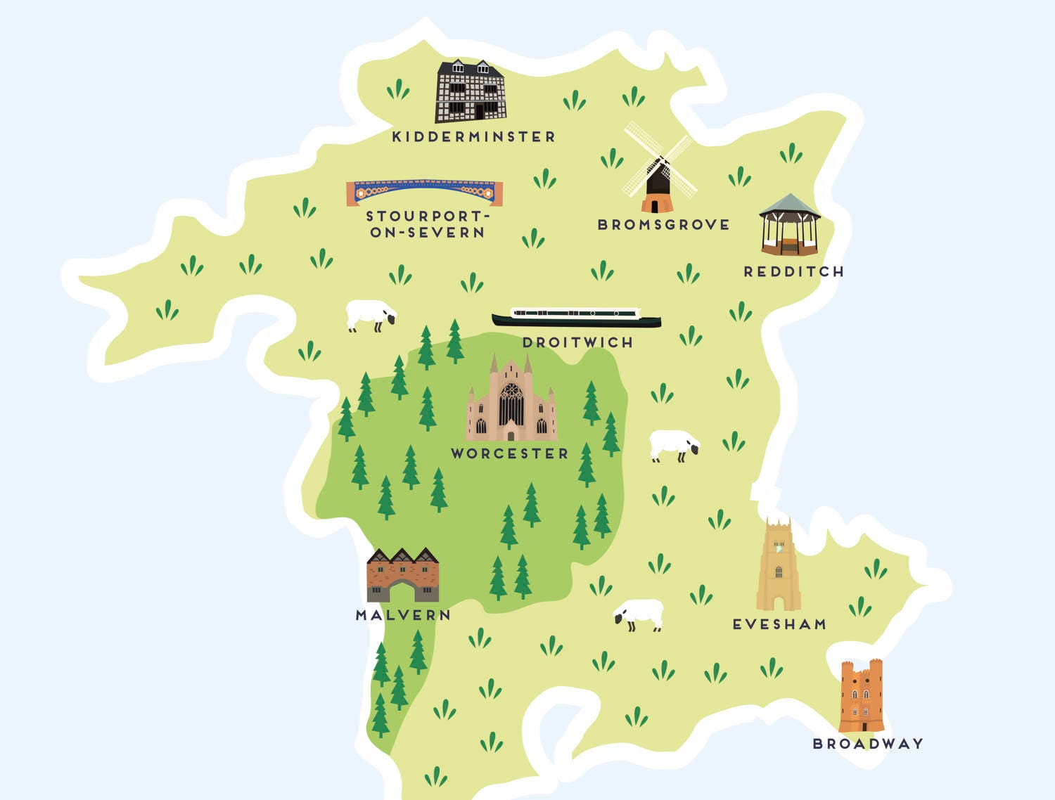 Worcestershire Map Illustrated Map Of Worcestershire Print Travel worcestershire-map-illustrated-map-of-worcestershire-print-travel