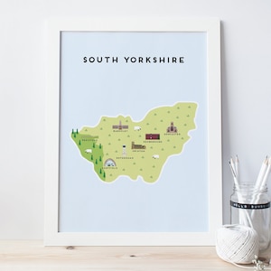 South Yorkshire Map - Illustrated Map of South Yorkshire Print / Travel Gifts / Gifts for Travellers / United Kingdom / Great Britain