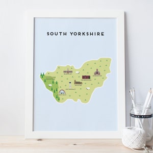 South Yorkshire Map - Illustrierte Karte von South Yorkshire / Reisegeschenke / Geschenke für Reisende / Vereinigtes Königreich / Großbritannien