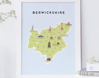 Berwickshire Mapa - Mapa ilustrado de Berwickshire Print / Regalos de viaje / Regalos para viajeros / Reino Unido / Escocia