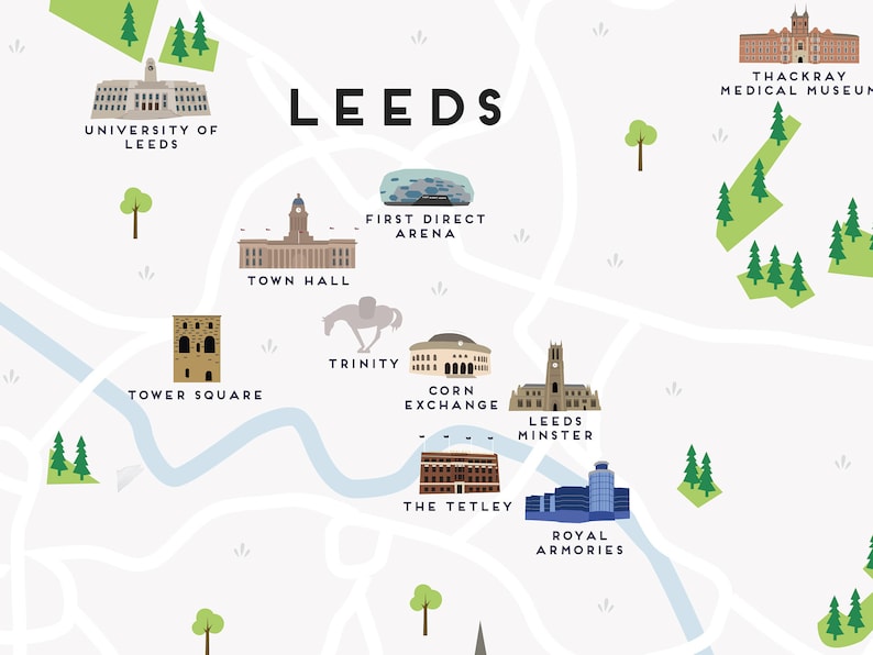 Leeds Map Illustrated Map of Leeds Print / Travel Gifts / Etsy UK