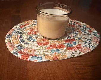 Bright Floral Quilted Mug Rug | Handmade Oval Coffee Mat, Farmhouse Kitchen Decor