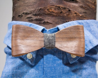 Wood Bow Tie with Leather Neck Piece - WALNUT, Wooden Bow Tie, Rustic Groom Accessory, Rustic Groomsmen, Rustic Wedding, Bow Tie