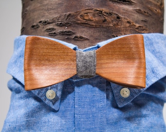 Wood Bow Tie with Leather Neck Piece - CHERRY, Wooden Bow Tie, Rustic Bow Tie, Rustic Groom Accessory, Rustic Wedding Decor, Bow Tie