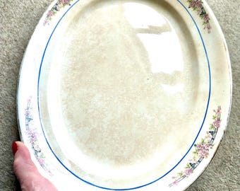 Owen Minerva Antique Oval Platter, Gold Trim, Blue Inlay, Lavender Flowers