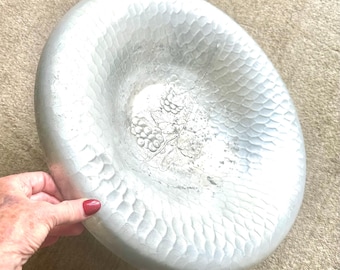 Hand-hammered Aluminum Bowl with Embossed Grape Leaf and Fruit Motif in Mid-Century Modern or Folk Art Aesthetic, Popular in 1950’s, Used