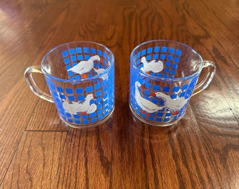 Carlton Luminarc 1982 Duck Goose Clear Glass Vintage Blue & White Mugs, Set of 2, 8 oz Glass Mug