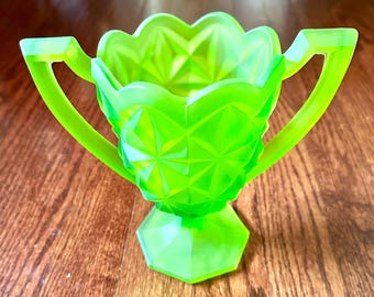 Indian Glass Trophy Vase, Vintage Monticello Green Satin Urn with Double Handles, Loving Cup Vase,  Frosty Green Glass Vase
