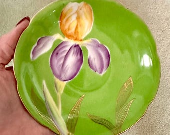 Trimont Ocean China Saucer, Fine Bone China, Made in Occupied Japan, Saucer Only, Approximately 5.5” Wide, Green with Iris Flower