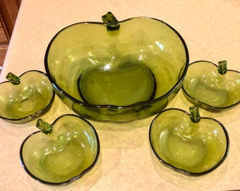 Hazel Atlas Green Glass Apple Bowls, Vintage Salad & Dessert Bowl Set,