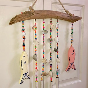 Driftwood Wind Chime: Seashells, Beads, Painted Fish Coastal Decor