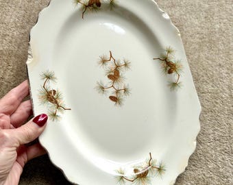 W.S. George Antique Pinecone Platter: Gold Trim, Scalloped Edges